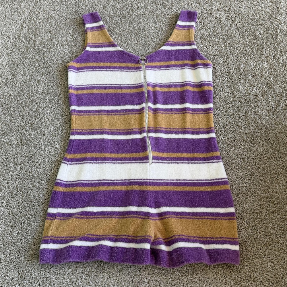 Vintage Romper Womens Medium Purple Stripe Terry Sleeveless Zip Front Summer